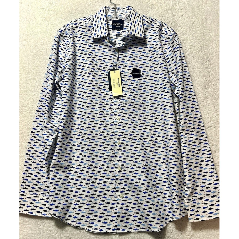Ben Sherman Tailoring Slim Fit Men's Large Sharks White/Blue Button Up Shirt(C6)